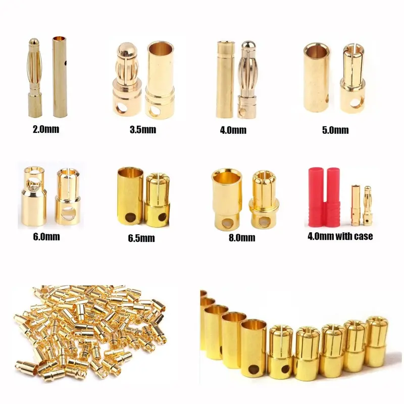 10Pcs 2.0Mm 3.5Mm 4.0Mm 5.0Mm 5.5Mm 6.0Mm 6.5Mm 8.0Mm Banana Gold Bullet Connector Plug For Battery Connector Motor Esc Rc Parts 1
