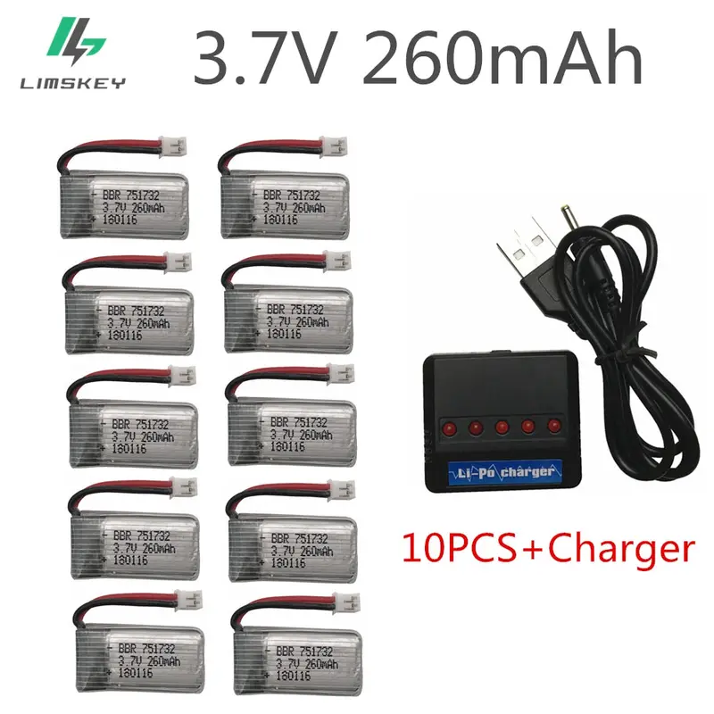 10Pcs 3.7V 260Mah Upgrade For Eachine E010 E010c E011 E013 H36 Mini Rc Quadcopter 3.7V 260Mah 30C Libo Battery With Charger Set 1
