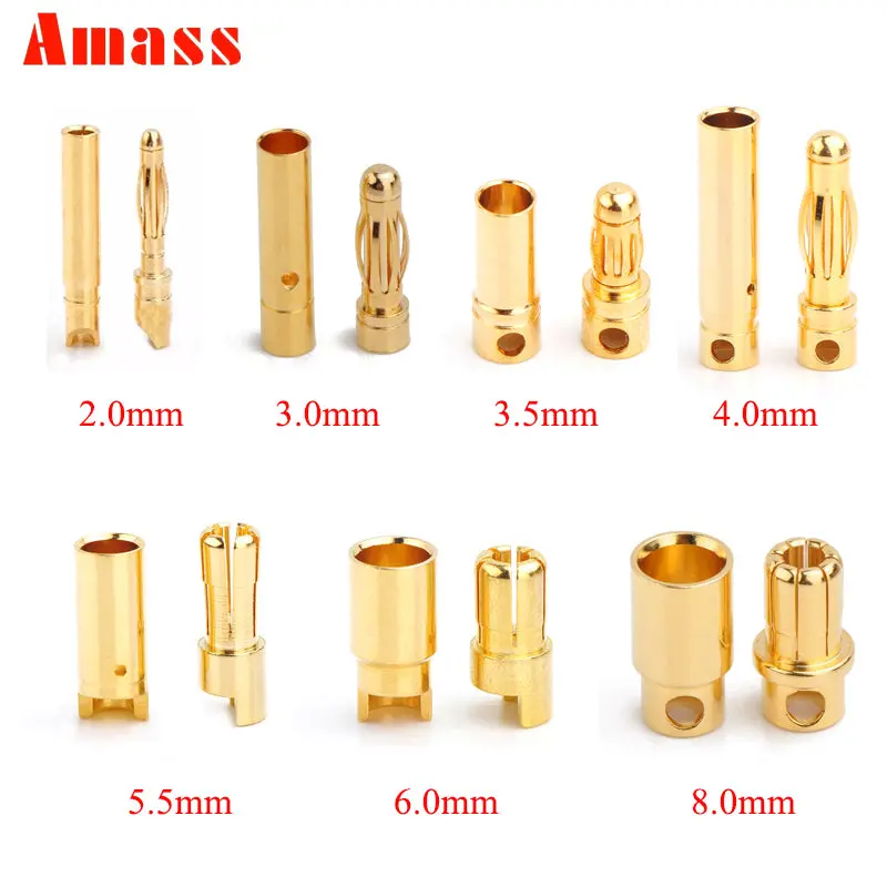 10Pcs Amass 2.0Mm 3.0Mm 3.5Mm 4.0Mm 5.5Mm Gold Bullet Banana Connector 6.0Mm 8.0Mm Plug For Rc Battery 5Pairs 1