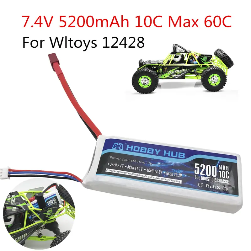 1Pcs Hobby Hub Rc Lipo Battery 2S 7.4V 5200Mah 10C Max 60C For Wltoys 12428 12423 Upgrade Battery Parts For Rc Car Lipo 1