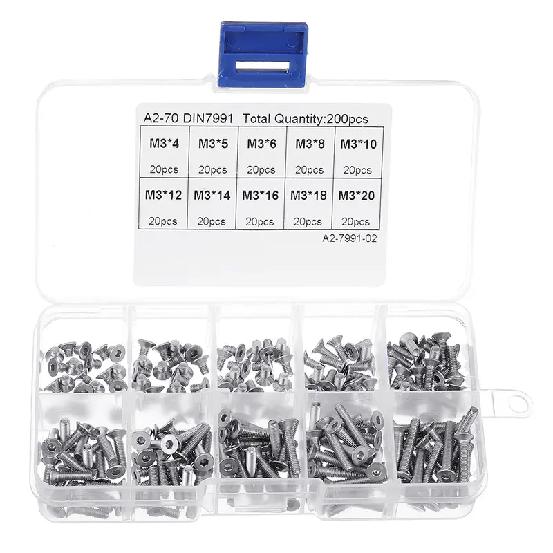 200Pcs M3 304 Stainless Steel Din7991 Flat Head Screw Countersunk Hex Socket Cap Bolt For Rc Model 1