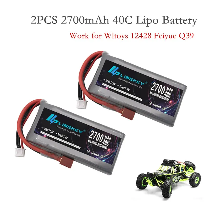 2Pcs Limskey Rc Lipo Battery 2S 7.4V 2700Mah 40C Max 60C For Wltoys 12428 12423 Rc Car Feiyue 03 Q39 Upgrade Parts Battery 1
