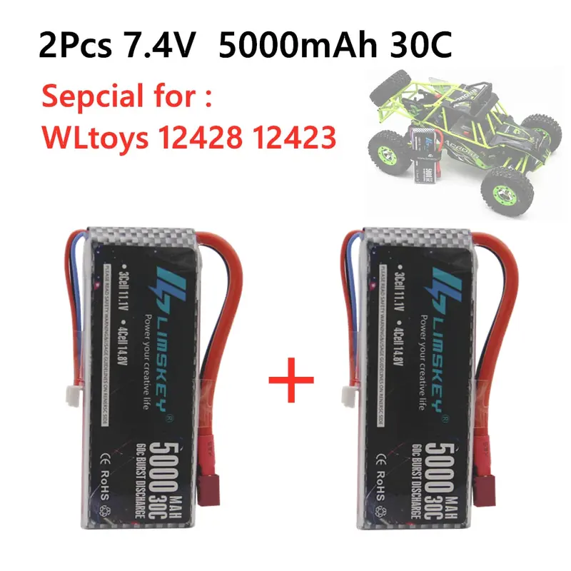 2Pcs New Version Rc Lipo Battery 2S 7.4V 5000Mah 30C Max 60C For Wltoys 12428 12423 1:12 Rc Car Spare Parts 1