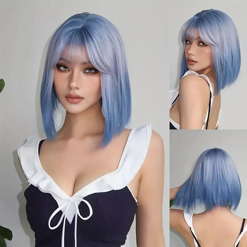 35.56 Cm Short Bobo Blue Ombre Wig With Bangs. 1