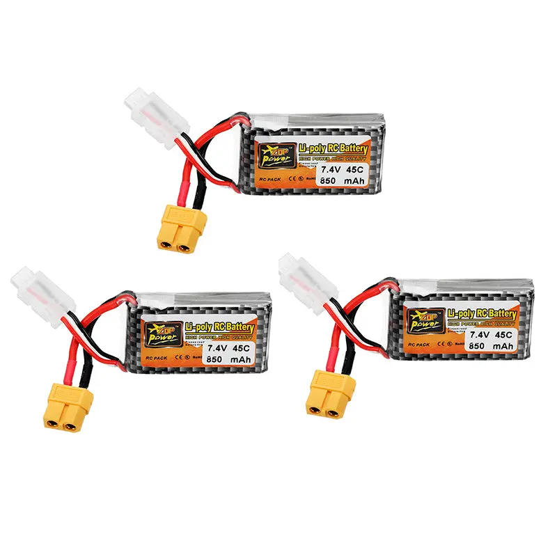 3Pcs Zop Power 7.4V 850Mah 45C 2S Lipo Battery Xt60 Plug For Drone 1