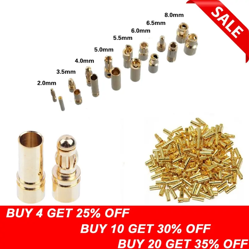 40Pcs/Lot 2.0Mm 3.0Mm 3.5Mm 4.0Mm 5.5Mm 6.0Mm 8.0Mm Gold Bullet Banana Connector Plug For Esc Lipo Rc Battery Plugs (20 Pair) 1