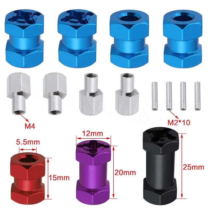 4Pcs Aluminum Rc Car 12Mm Hex Wheel Hub Drive Adaptor 15/20/25Mm Extension Combiner Coupler For 1/10 Rc Crawler Axial Scx10 D90 1