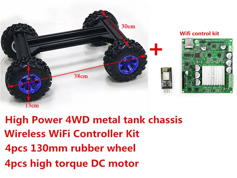 4Wd Large Metal Smart Rc Tank Car Chassis Kit 130Mm Rubber Wheel + Wireless Controller 4Pcs High Torque Motor Diy For Arduino 1