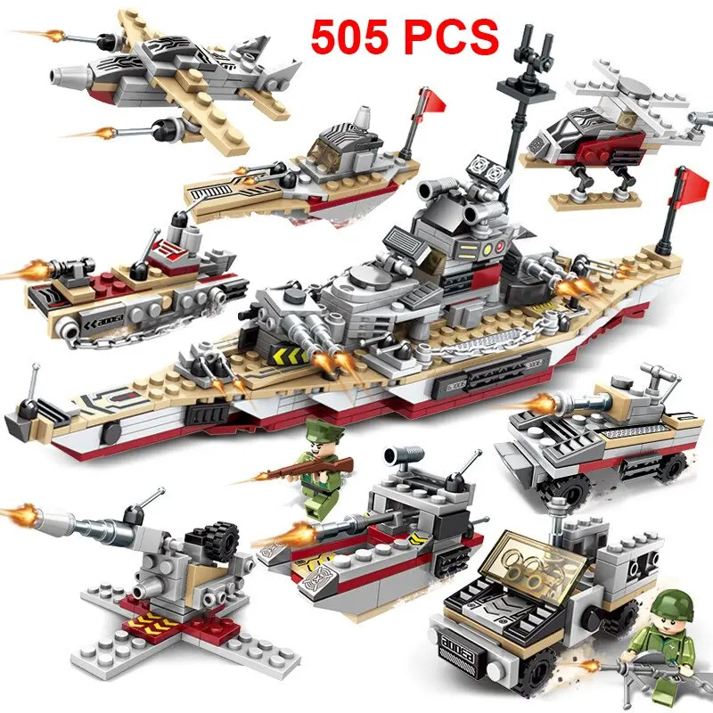 505Pcs Aircraft Battle Building Blocks 8 In 1 Aircrafted Carrier Models Military Ship Bricks Toy Compatible Lego Child Gift 1