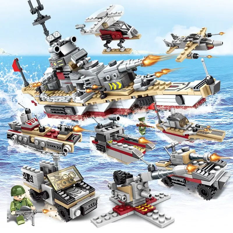505Pcs Aircraft Battle Building Blocks 8 In 1 Aircrafted Carrier Models Military Ship Bricks Toy Compatible Lego Child Gift 2