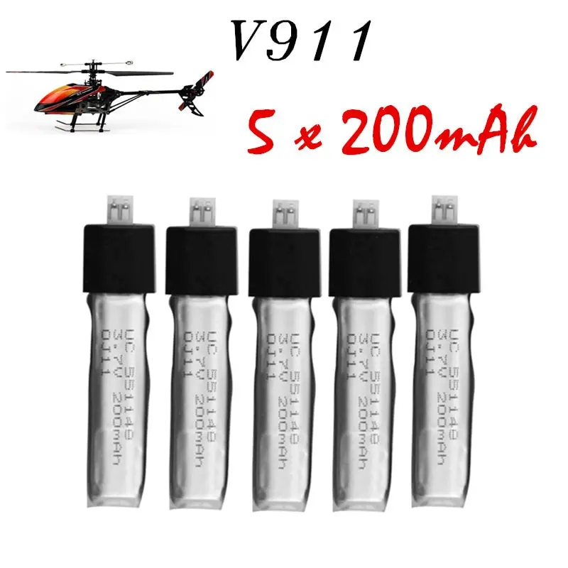 5Pcs 3.7V 200Mah Lithium Batteries 5Pcs Wltoys V911 Rc Helicopter Brushless Motor Accessories Bag Kv911-0005 F929 F939 Battery 1
