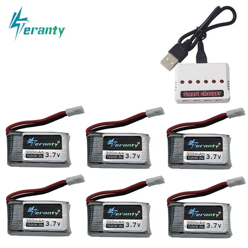 6Pcs 3.7V 300Mah Lipo Battery And 6-In-1 Charger For Syma X11 E55 Fq777 Fq17w F180 Fy530 U816 U816a U830 X100 H107 S39-1 Hd-1306 1