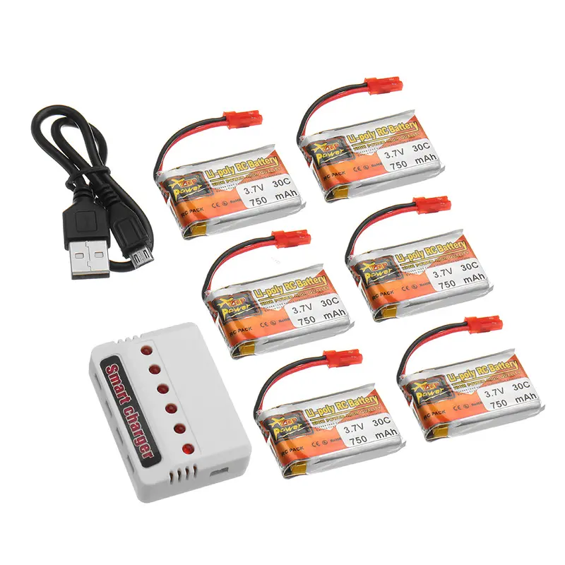 6Pcs Zop Power 3.7V 750Mah 30C 1S Lipo Battery Jst Plug With Charger For Rc Model 1
