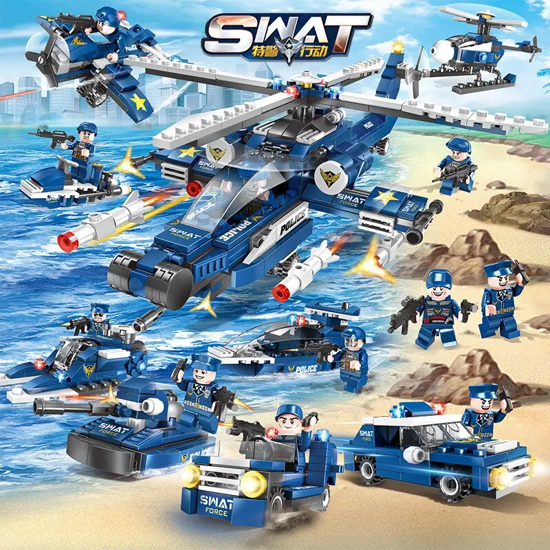 8 In 1 City Police Swat War Helicopter Battle Ship Boat Fighter Car Building Blocks Compatible All Brand City Toys For Kids 1