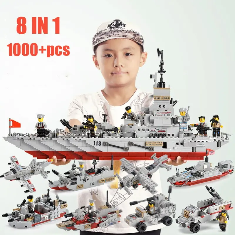 8 In 1 Military Ww2 Warship Boat Fighter Model Building Blocks Battle Ship Brand Technic Aircrafted Diy Toys For Children 1