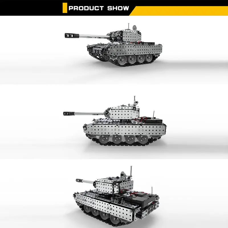 952Pcs 2.4G Rc Military Tank Diy Assembly Set Stainless Steel Remote Control Model Toy Built-In 3.7V 300Mah Lithium Battery 5