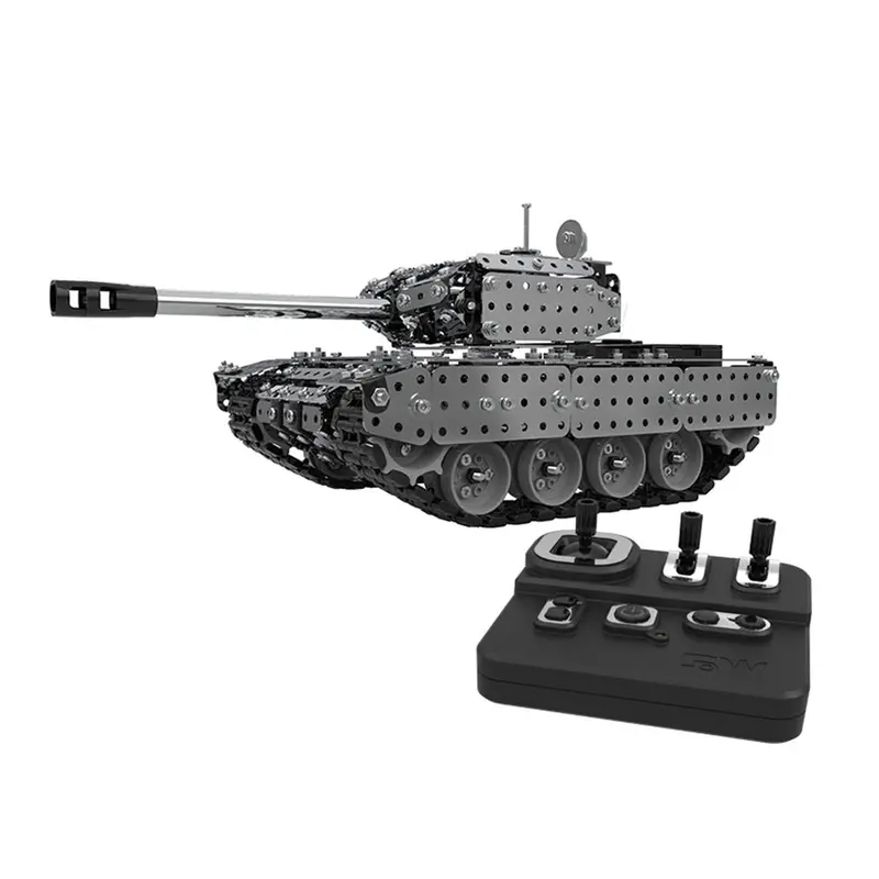 952Pcs 2.4G Rc Military Tank Diy Assembly Set Stainless Steel Remote Control Model Toy Built-In 3.7V 300Mah Lithium Battery 7