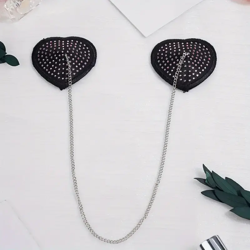Black Heart Rhinestone & Chain Nipple Pastie. 1
