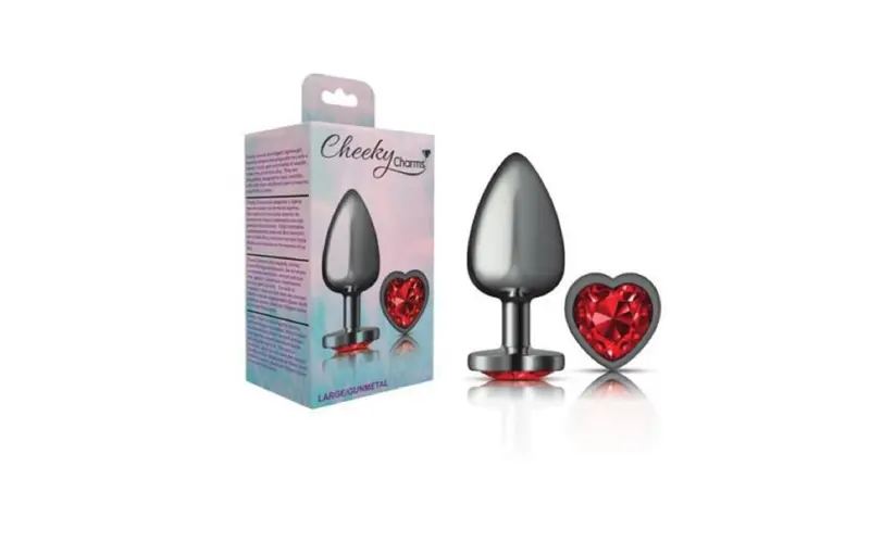 Cheeky Charms Gunmetal Butt Plug W Heart Red Jewel Large. 1
