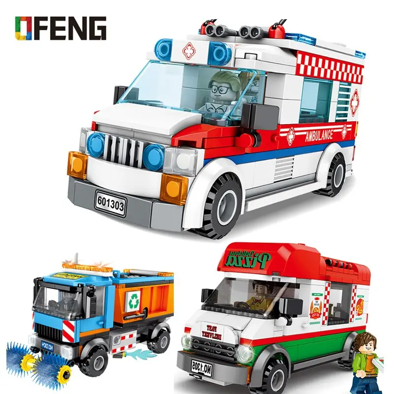 City Compatible Ambulance Bricks Pizza Car Sanitation Vehicle Truck Assembled Building Blocks Kits Kids Toy Children Gift 1