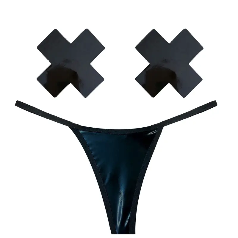 Dom Squad Black Wet Look Vinyl Pastie & G-String Set. 1
