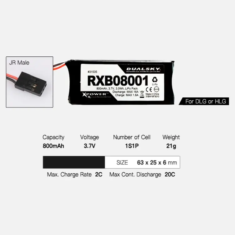 Dualsky Rxb08001 800Mah 3.7V 2C/20C Lipo Battery Tjc8 3P For Receiver Rx Mini G.Lider Rc Drone Dlg Hlg Helicopter Racing Drone Quadcopter Airplane 2