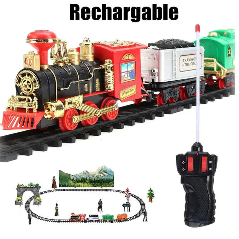 Electric Rechargeable Steam Smoke Train Model Truck Car Track Toy Remote Suit 1