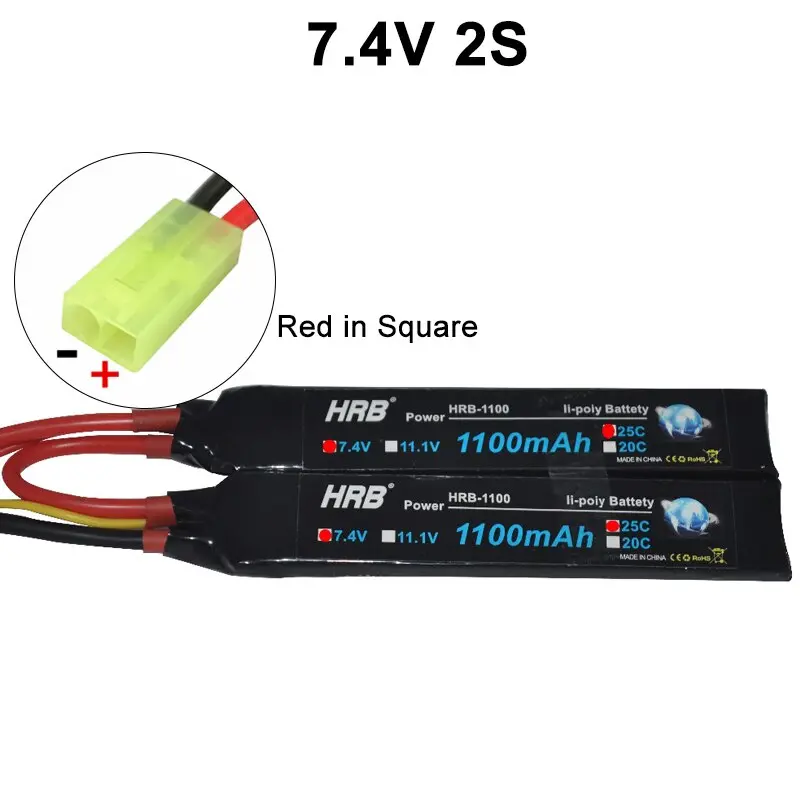 HRB 2S/3S LiPo Battery — 7.4V or 11.1V, 1100mAh, 25C, Tamiya-Plug for Airsoft, RC Toys, and Mini Drones