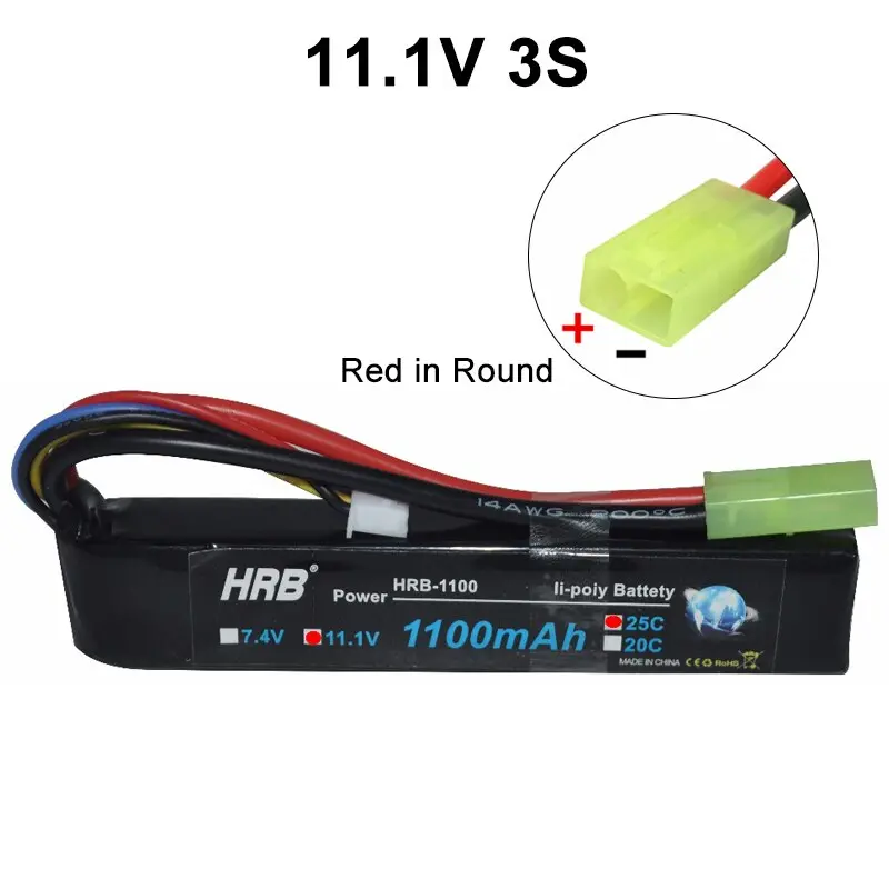 HRB 2S/3S LiPo Battery — 7.4V or 11.1V, 1100mAh, 25C, Tamiya-Plug for Airsoft, RC Toys, and Mini Drones