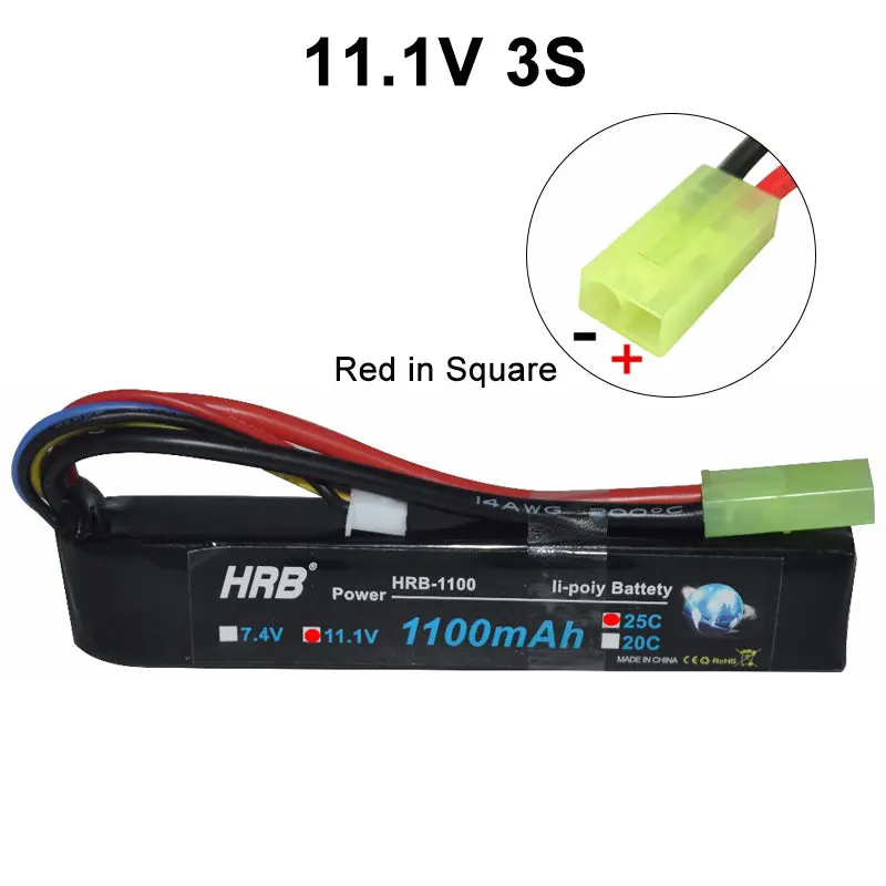 HRB 2S/3S LiPo Battery — 7.4V or 11.1V, 1100mAh, 25C, Tamiya-Plug for Airsoft, RC Toys, and Mini Drones
