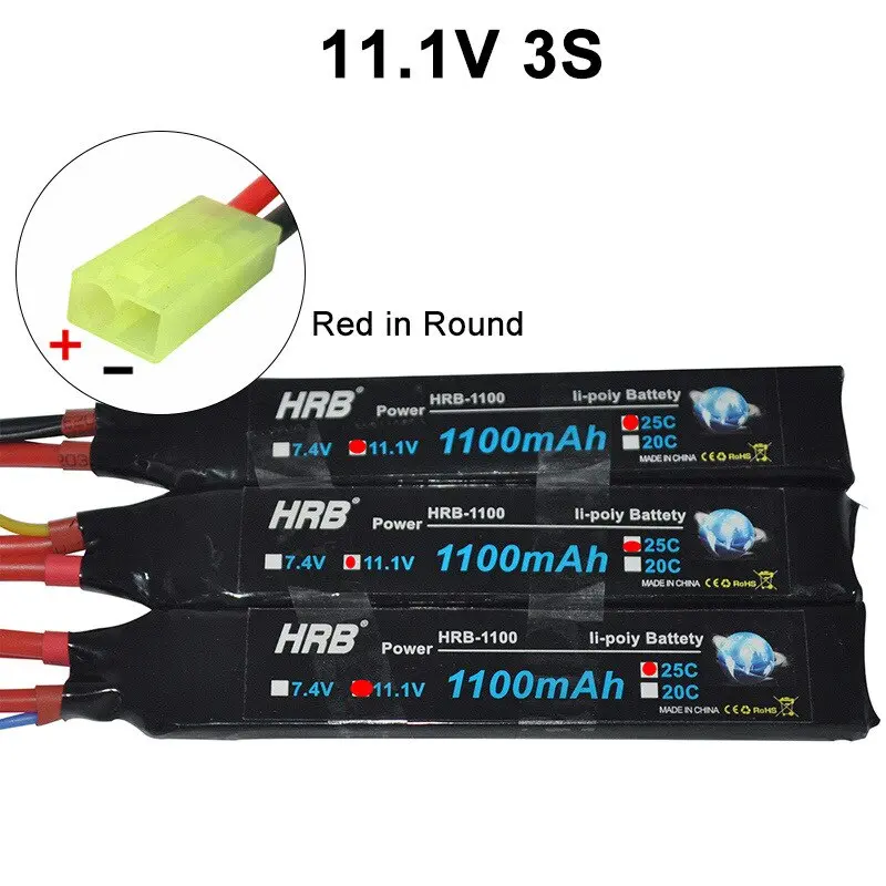 HRB 2S/3S LiPo Battery — 7.4V or 11.1V, 1100mAh, 25C, Tamiya-Plug for Airsoft, RC Toys, and Mini Drones