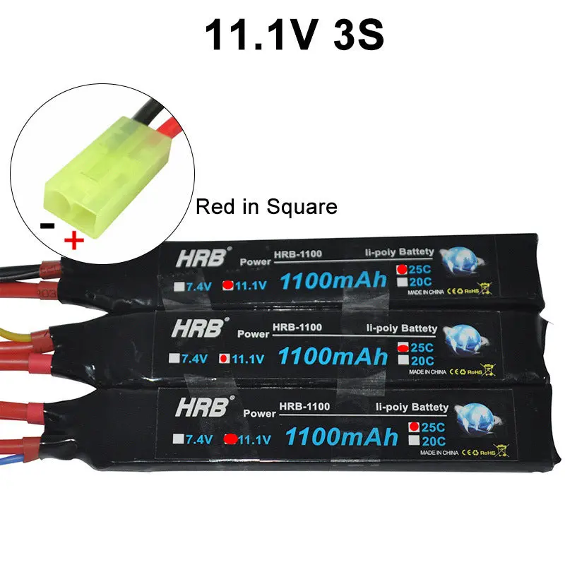 HRB 2S/3S LiPo Battery — 7.4V or 11.1V, 1100mAh, 25C, Tamiya-Plug for Airsoft, RC Toys, and Mini Drones