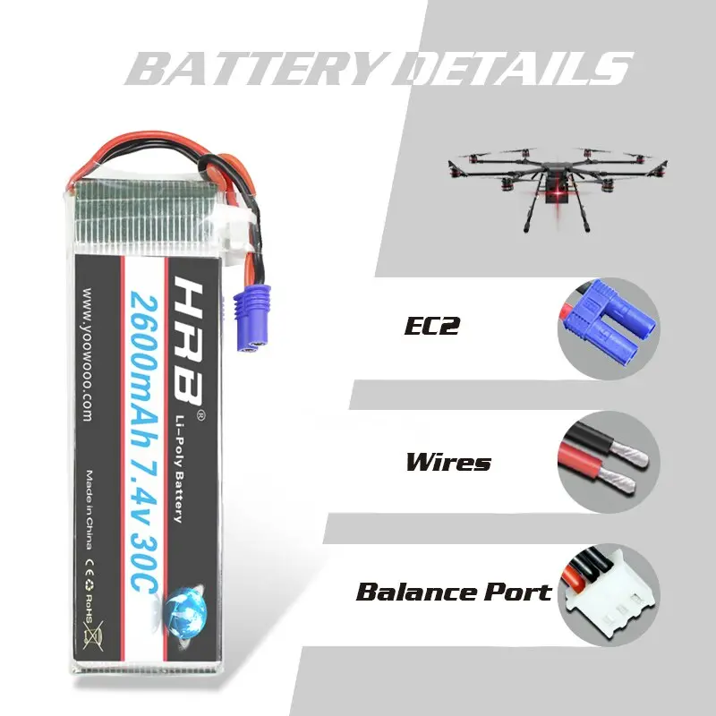 Hrb Lipo 2S Battery Hubsan H501s Battery 7.4V 2600Mah 30C Ec2 Rc Drone Akku Li-Polymer For Rc Quadcopter Helicopter Airplane 2