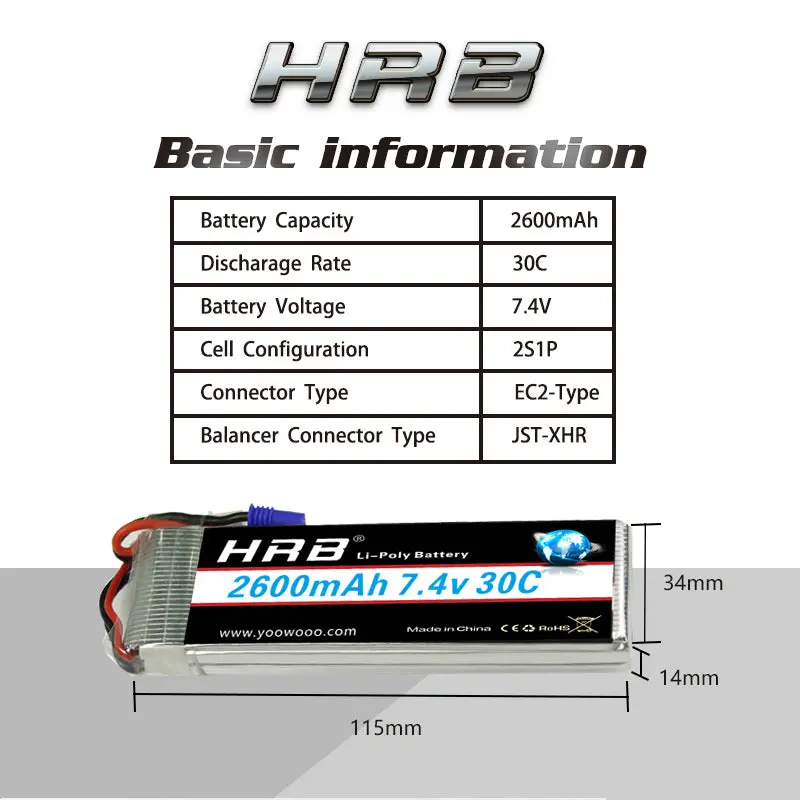Hrb Lipo 2S Battery Hubsan H501s Battery 7.4V 2600Mah 30C Ec2 Rc Drone Akku Li-Polymer For Rc Quadcopter Helicopter Airplane 3