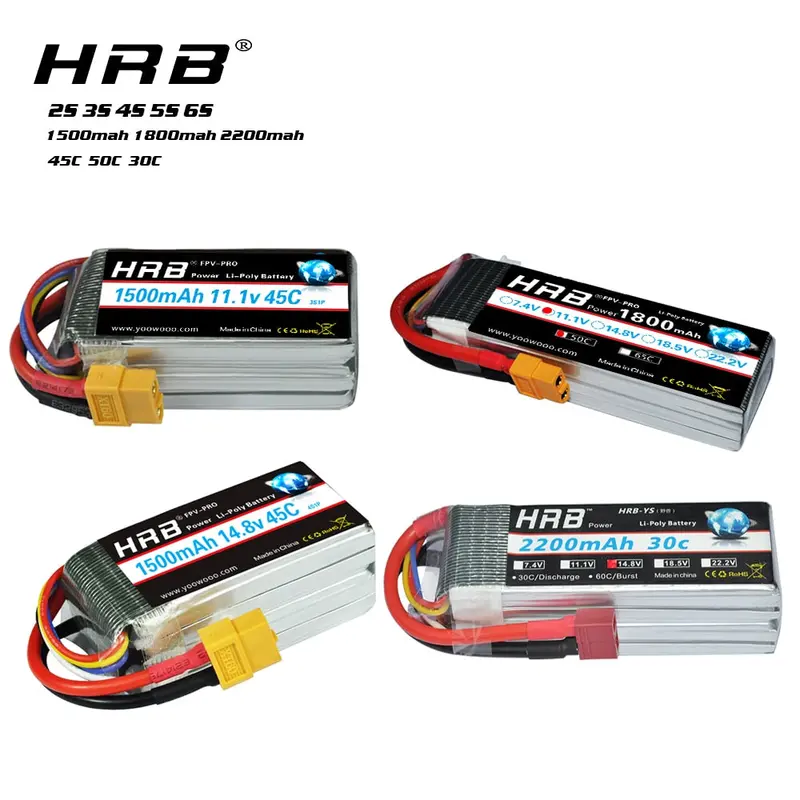 Hrb Lipo Battery 2S 3S 4S 5S 6S 7.4V 11.1V 14.8V 18.5V 22.2V 1500Mah 1800Mah 2200Mah 45C 50C For Racing Drone Fpv Quadcopter 1