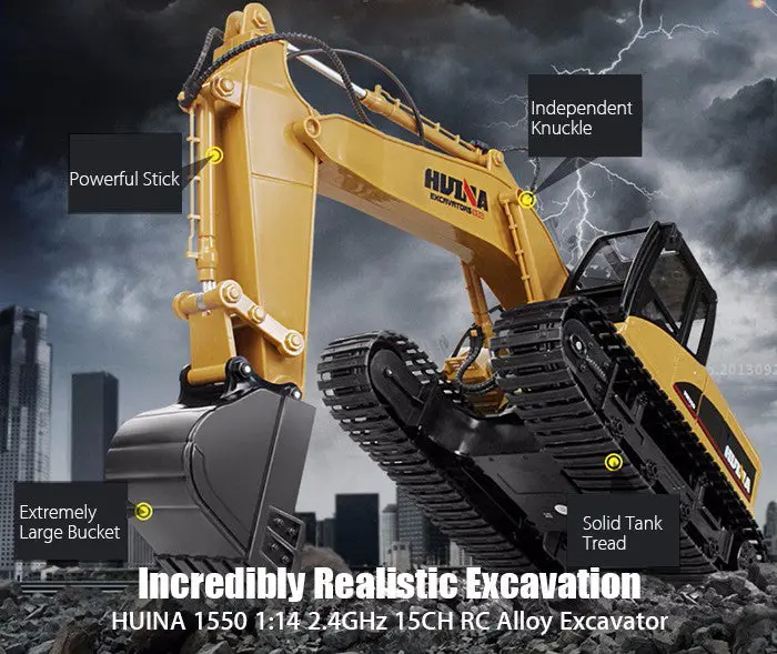 Huina 1550 Rc Crawler Car 15Ch 2.4G 1:14 Rc Metal Excavator Remote Control Alloy Rooter Charging Truck Rtr Independent Arms 1