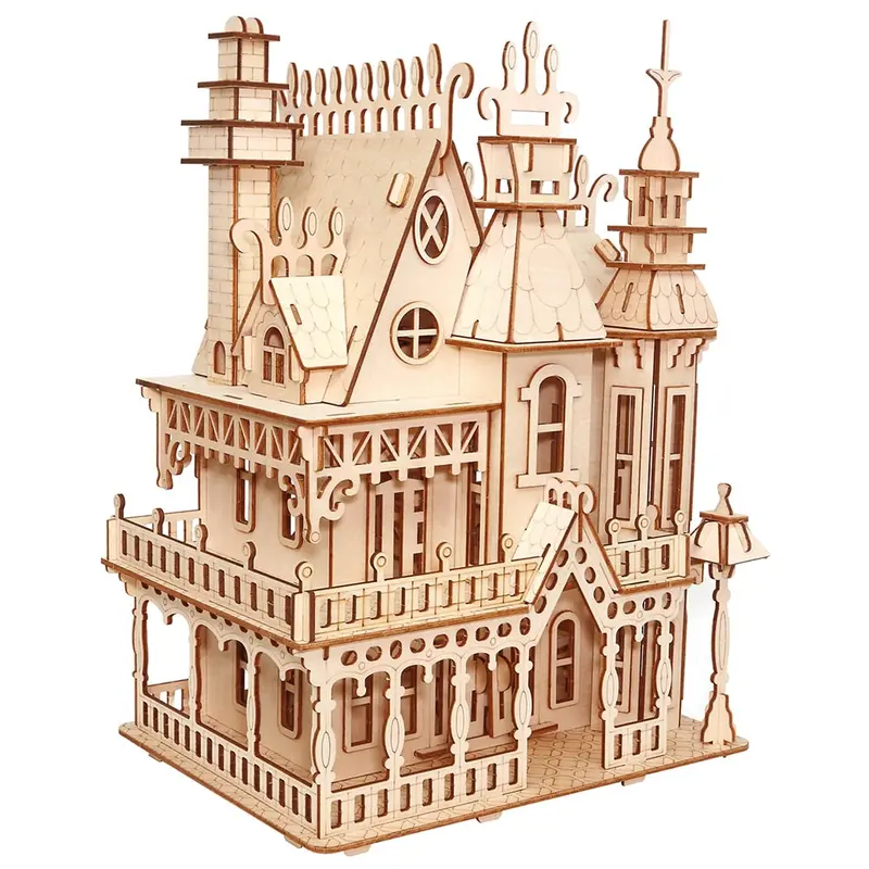 Interconnecting Blocks Woodcraft Construction Kit Wooden Villa Diy 3D Wooden Villa Puzzle Game Assembly Toy Gift 1