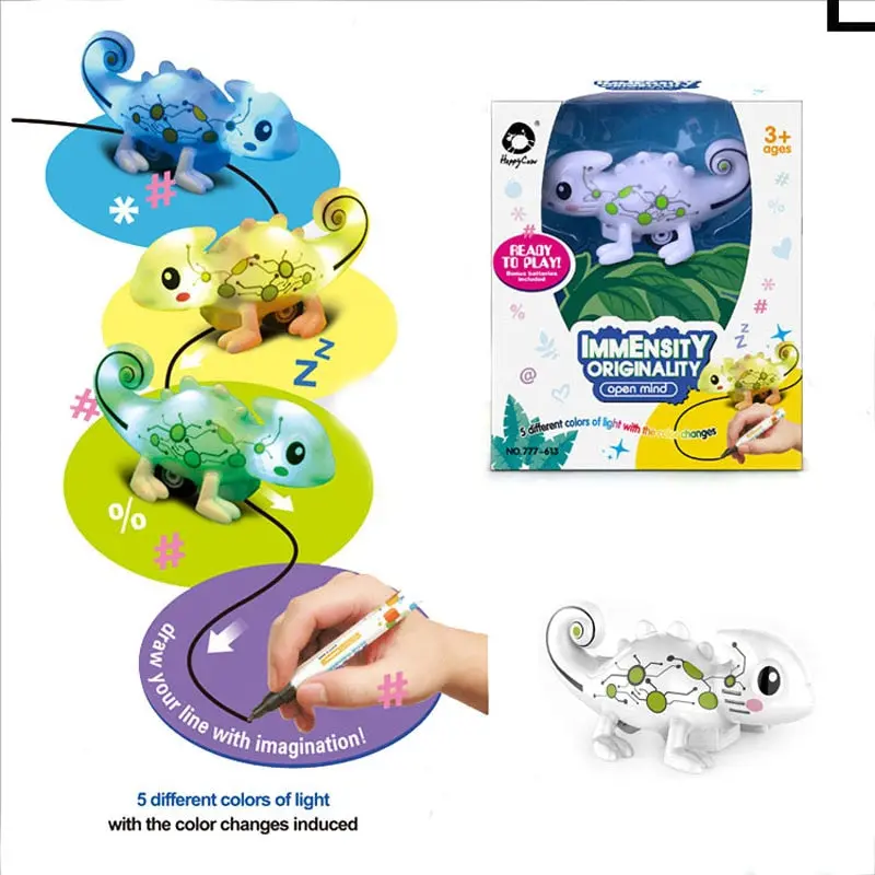 Kids Magic Inductive Chameleon Model Toy [Follows Black Line] With 5 Changeable Colors + 5 Different Sound +Black Pen Magic Toy 1