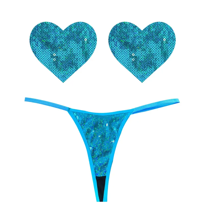Mahi Mahi Blue Sequin G-String & Heart Pastie Set. 1
