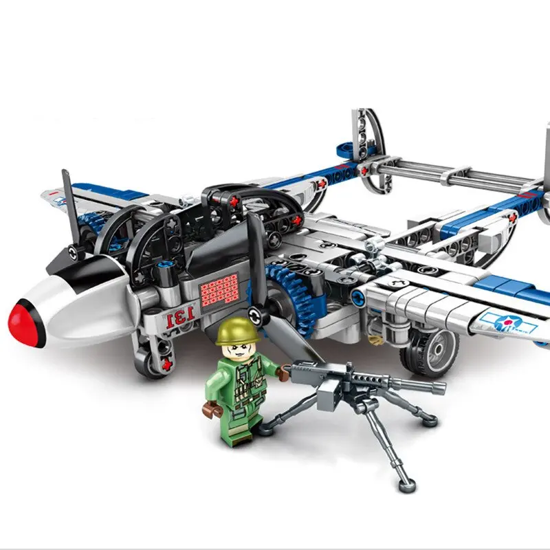 Military Series Air Plane Military Technic Bricks Ww2 Us Lightning P-38 Air Plane Model Kits Assemble Toys For Kids Gifts 1