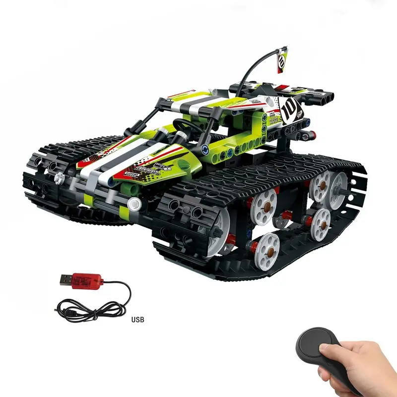 Mofun-13023 410Pcs Diy Electric Rc Car 2.4G 4Ch Usb Charging Building Block Simulated Tracked High Speed Cars Toys For Children 1