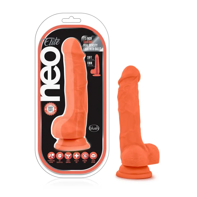 Neo Elite 7.5In Silicone Dual Density Cock With Balls Neon Orange. 1