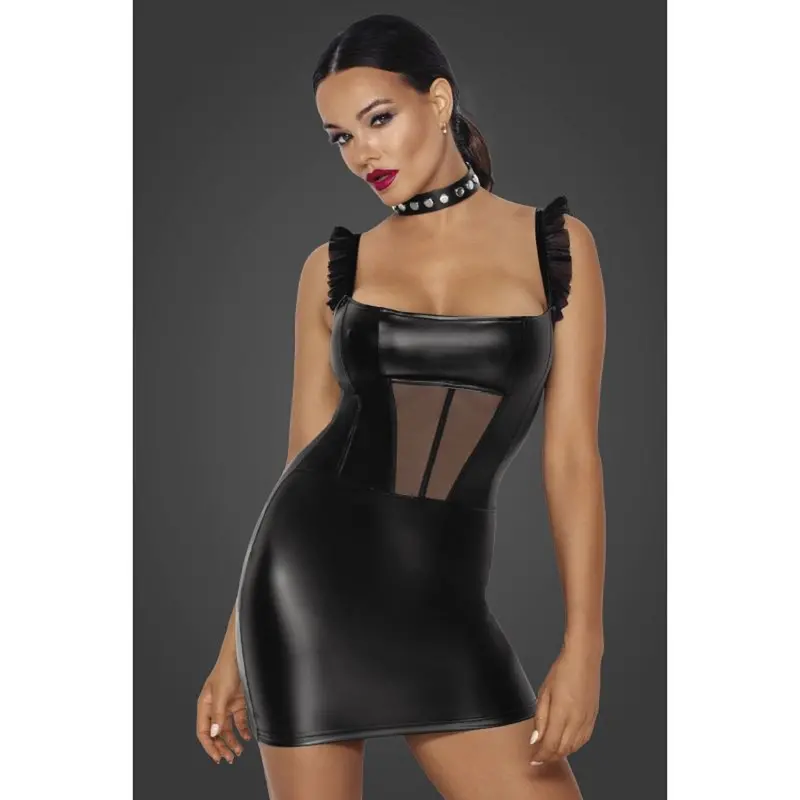 Noir Power Wetlook Short Dress W Front Tulle Inserts. 1
