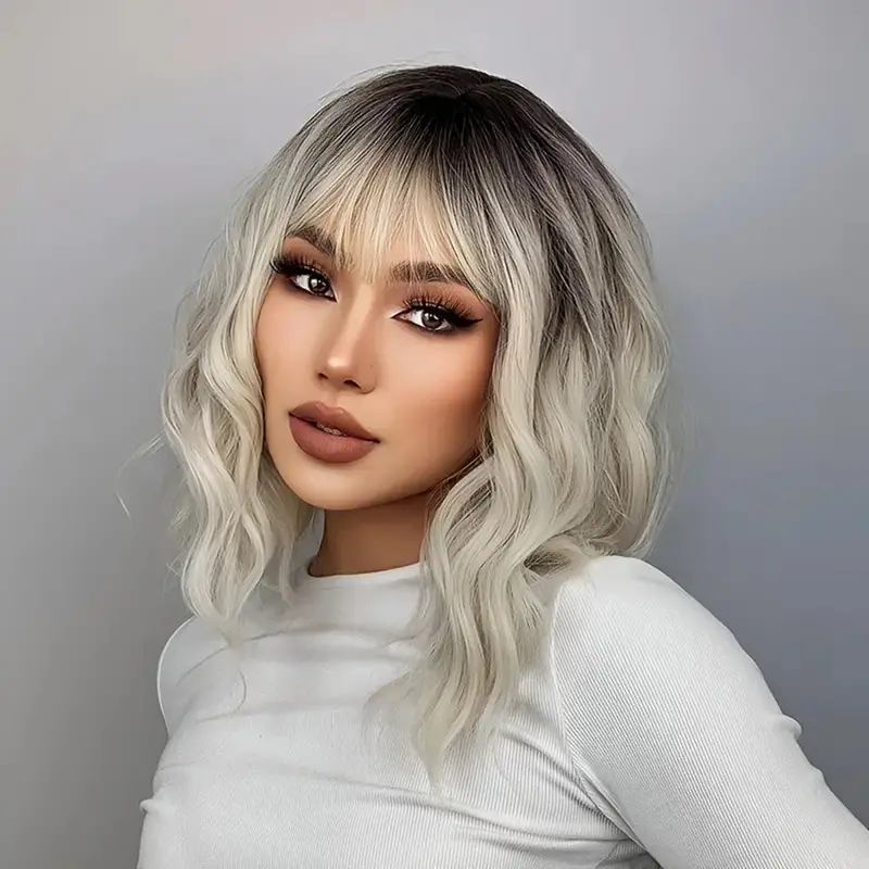 Platinum Ombre Blonde Bob Wig With Bangs. 1
