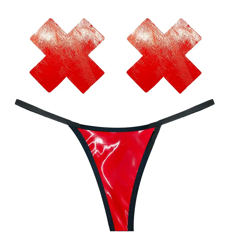 Red Vixen Wet Vinyl Pastie & G-String Set. 1