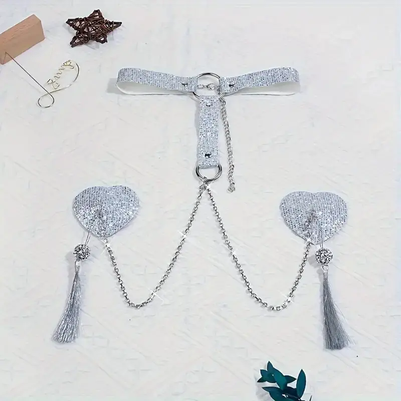 Sequin Heart Nipple Tassel, Choker & Chain. 1
