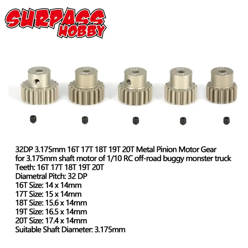 Surpass Hobby 5Pcs 32Dp 3.175Mm 12T 13T 14T 15T 16T 17T 18T 19T 20T Metal Pinion Motor Gear Set For 1/10 Rc Car Truck 1