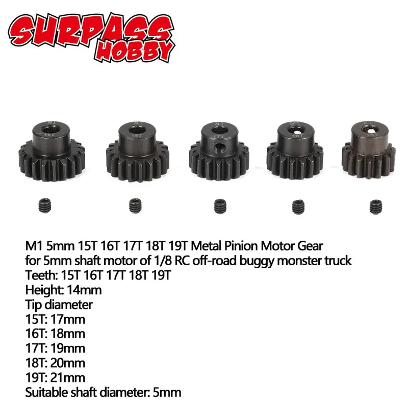 Surpass Hobby 5Pcs M1 5Mm 11T-15T/15T-19T/18T-22T/ Metal Pinion Motor Gear Set For 1/8 Rc Car Truck Brushed Brushless Motor 1