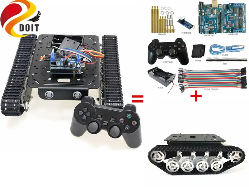 Szdoit Ps2 Gamepad Handle Control Metal Ts100 Tracked Shock Absorbing Tank Chassis Kit Crawler Rc Robot Motor Diy For Arduino 1