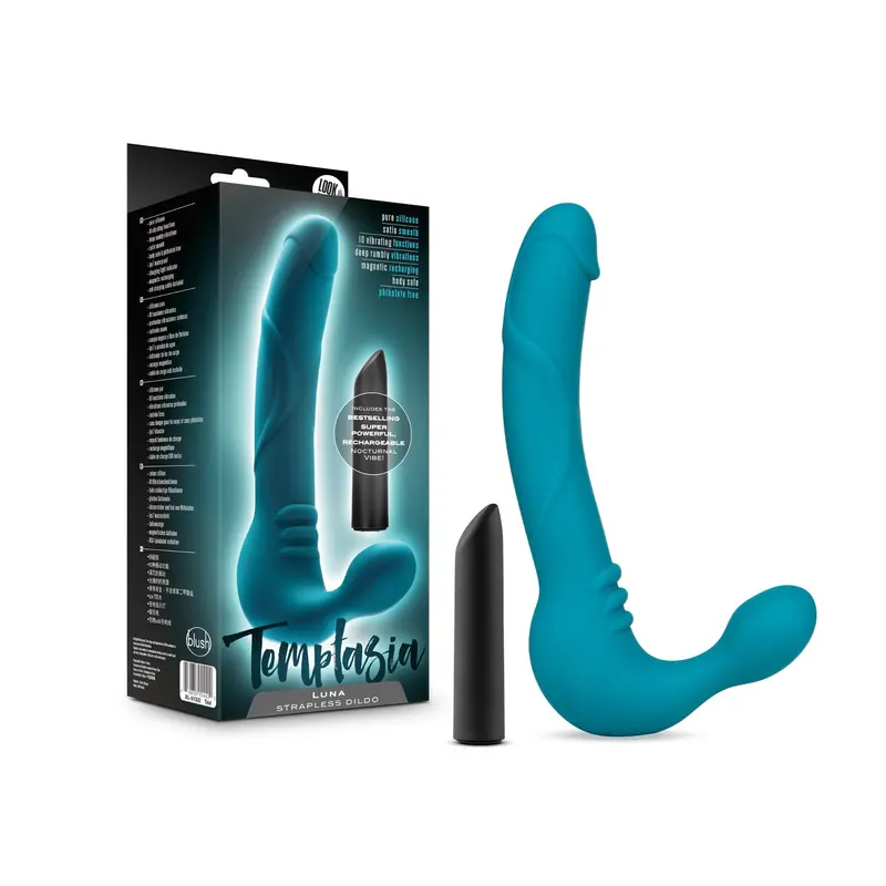 Temptasia Luna Strapless Silicone Dildo Teal. 1